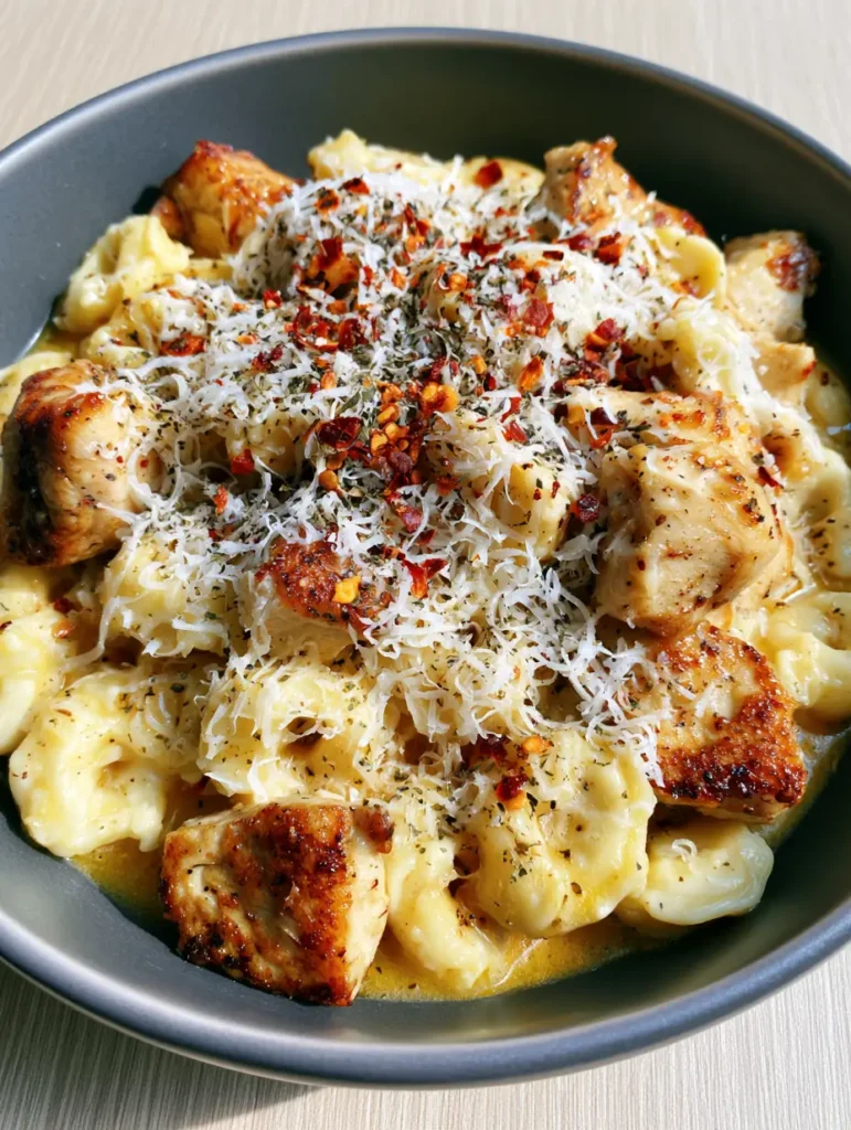 Chicken Tortellini Recipe with Spicy Garlic Butter and Seared Chicken 1 Detailed shot of golden-brown seared chicken cubes and melted parmesan on cheese tortellini. (Chicken Tortellini Recipe)