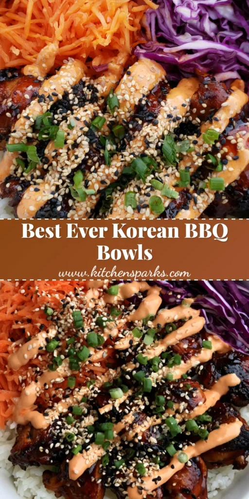 A professional top-down view of Korean BBQ Chicken Bowls featuring mahogany glazed chicken, shredded carrots, and purple cabbage on jasmine rice.
