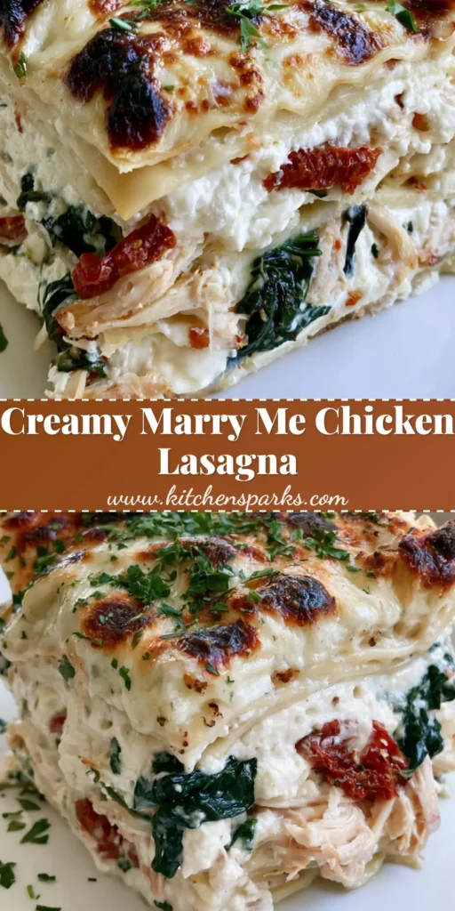 Marry Me Chicken Lasagna with Sun-Dried Tomatoes and Spinach 4 A square slice of Marry Me Chicken Lasagna on a white plate showing thick ricotta layers, sun-dried tomatoes, and a charred cheese top.