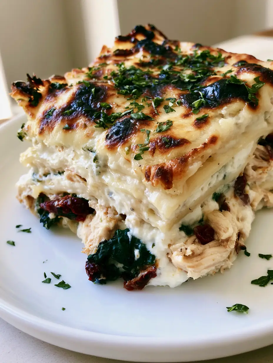 Marry Me Chicken Lasagna with Sun-Dried Tomatoes and Spinach 3 Close-up handheld photo of a Marry Me Chicken Lasagna slice featuring melted mozzarella with dark charred spots and fresh parsley garnish.