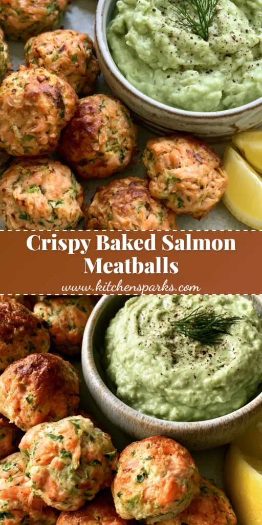 A rustic plate featuring golden-brown Baked Salmon Meatballs with a bowl of light-green avocado cream and lemon wedges.