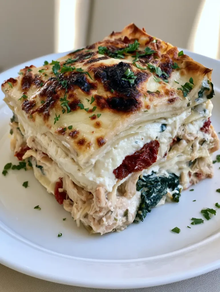 Marry Me Chicken Lasagna with Sun-Dried Tomatoes and Spinach 1 Side view of Marry Me Chicken Lasagna on a ceramic plate revealing distinct layers of chicken, spinach, and creamy white filling.