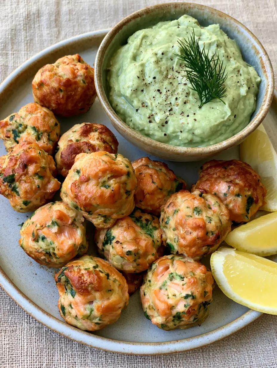Smartphone photo of Baked Salmon Meatballs on a ceramic plate showing flaked pink salmon textures and green herbs.