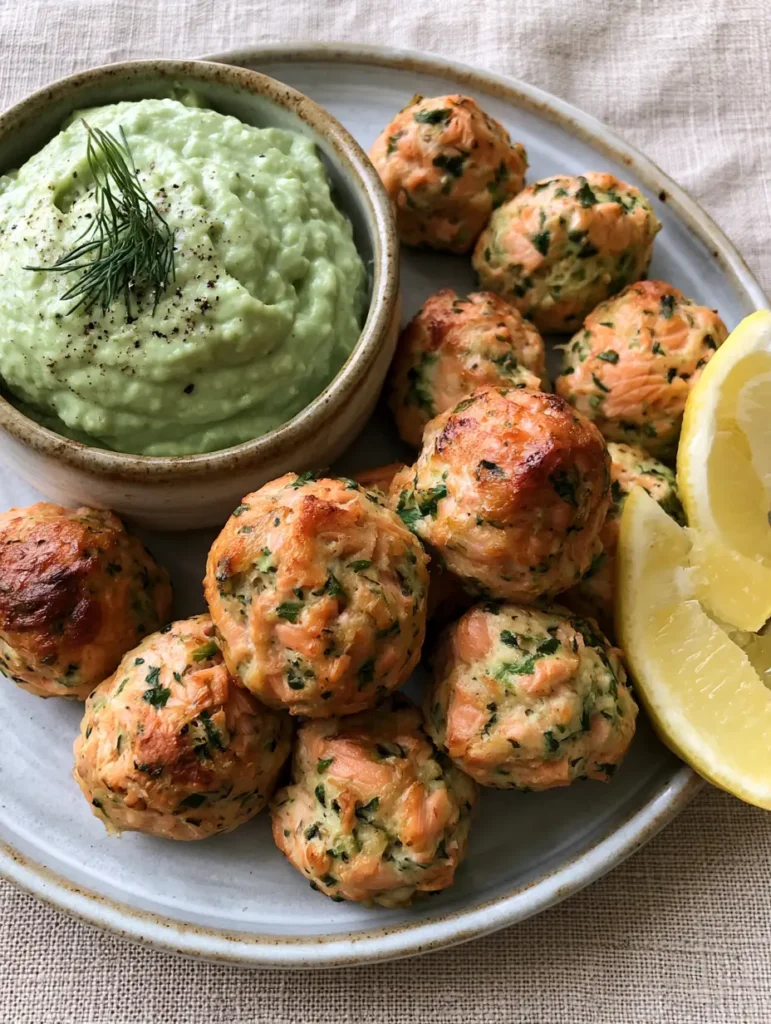 Platter of Baked Salmon Meatballs garnished with fresh dill and served with yellow lemon wedges and avocado cream.