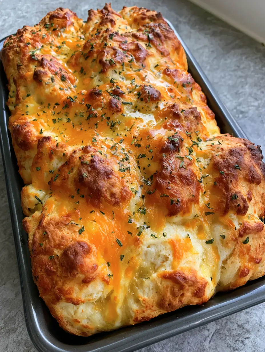 A rectangular loaf of Red Lobster Cheddar Bay Biscuit Loaf in a dark metal pan with glistening garlic butter and parsley.