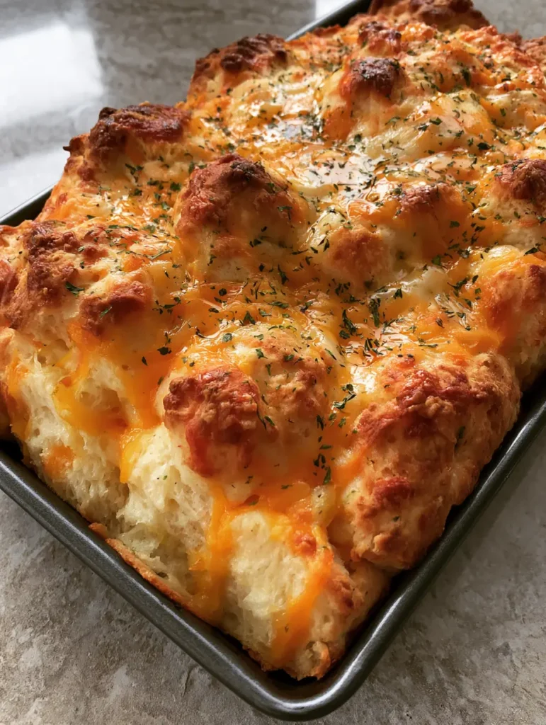 A slice of Red Lobster Cheddar Bay Biscuit Loaf revealing a soft steamy interior and orange cheese streaks.
