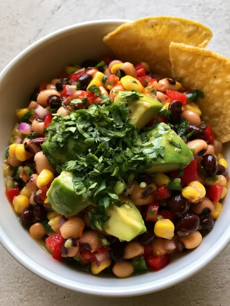 Cowboy Caviar Recipe: The Ultimate Fresh and Zesty Bean Salad 1 Close up of Cowboy Caviar Recipe showing glistening lime vinaigrette and creamy avocado chunks. (Cowboy Caviar Recipe)