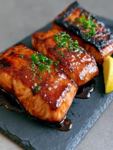 Handheld smartphone photo of Atlantic salmon fillets with glossy amber glaze and fresh parsley. (Brown Sugar Glazed Salmon)