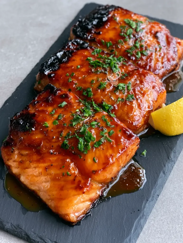 Close up of caramelized brown sugar crust on salmon with cracked black pepper and lemon.
