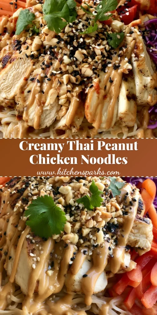 A handheld smartphone photo of a Thai Peanut Chicken Noodle Bowl in a rustic ceramic bowl with colorful veggies and glossy sauce.