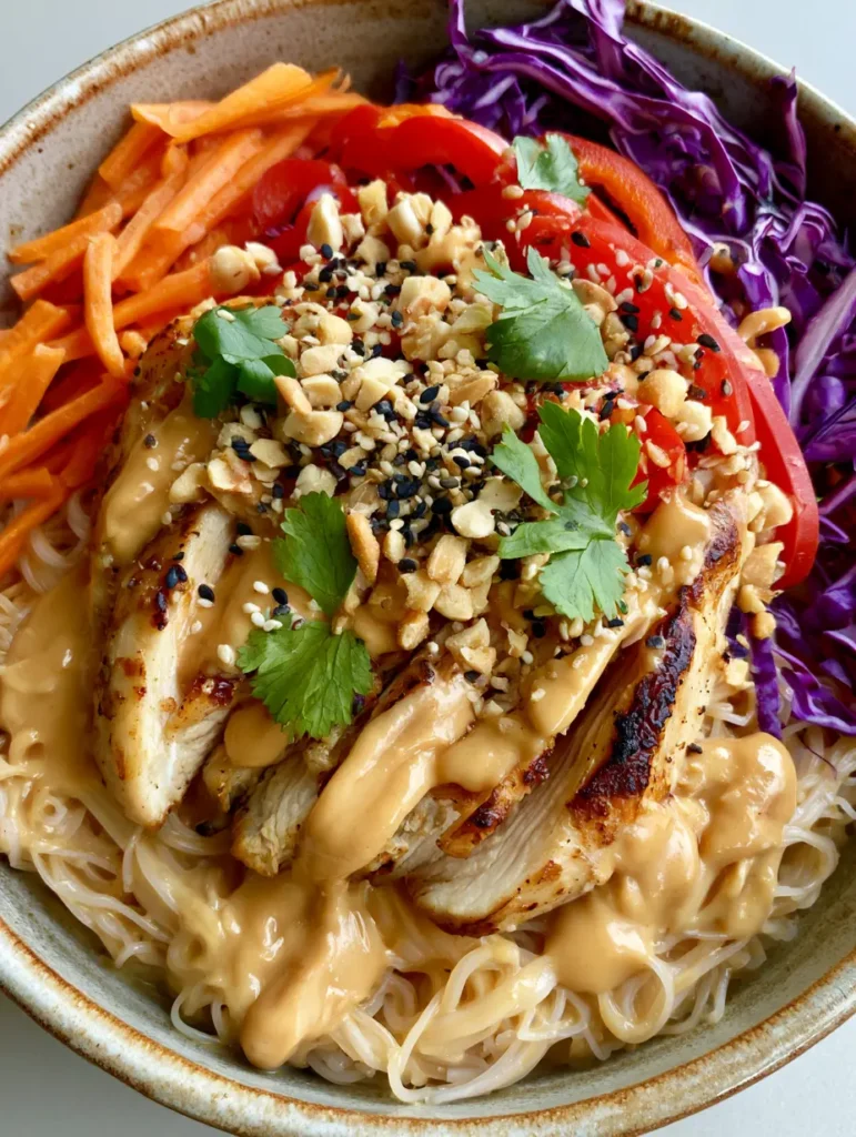 Close up of Thai Peanut Chicken Noodle Bowls showing the creamy peanut sauce and grilled chicken strips.