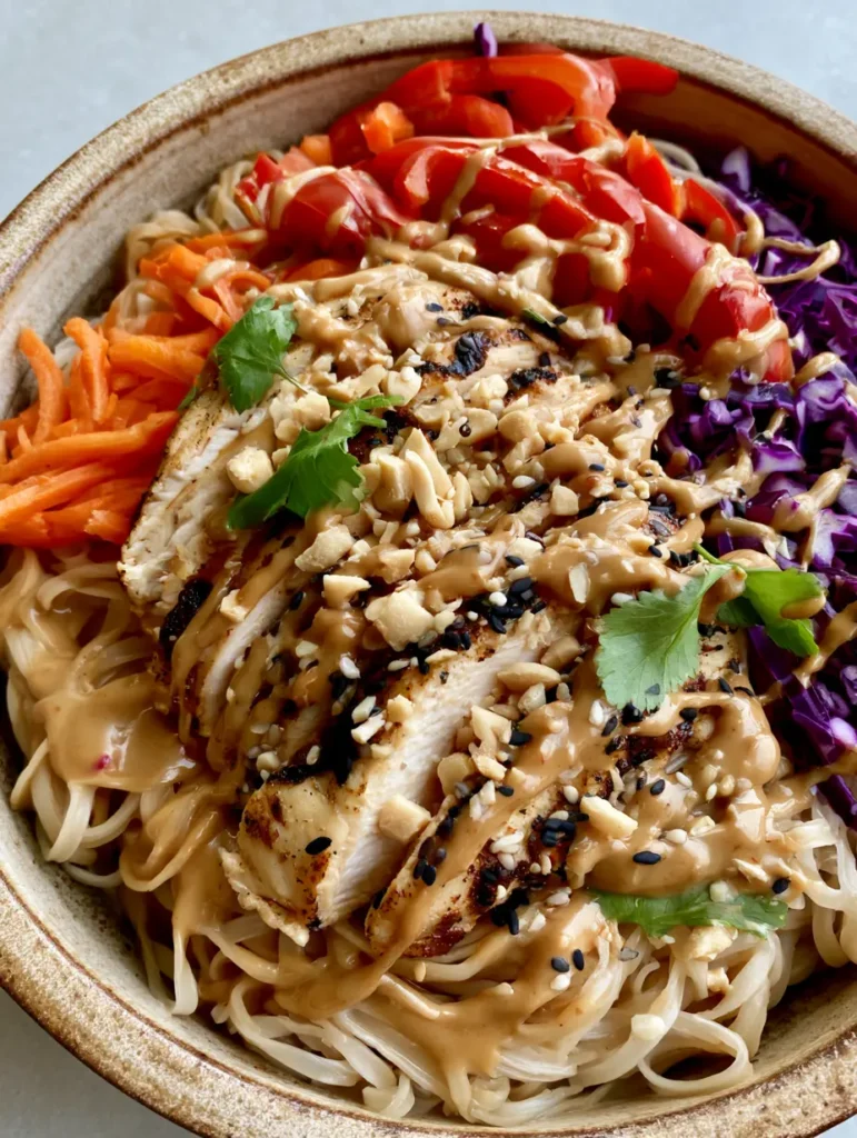 Rustic bowl filled with Thai Peanut Chicken Noodle Bowls garnished with cilantro and sesame seeds.