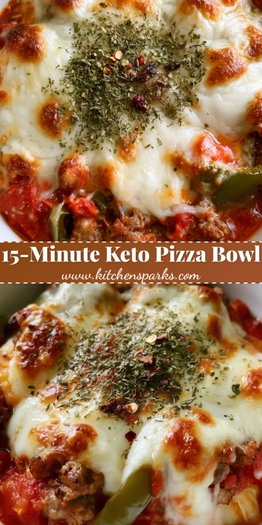 A round white ceramic bowl filled with a Keto Pizza Bowl featuring bubbling mozzarella with golden toasted spots and red marinara. (Keto Pizza Bowl)