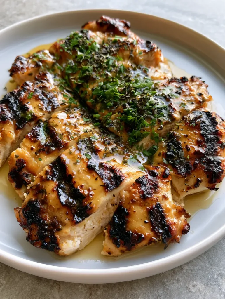 Mediterranean Chicken Marinade for Juicy, Char-Grilled Results 1 Close up of grilled chicken with dried herb flakes and finely chopped parsley garnish.