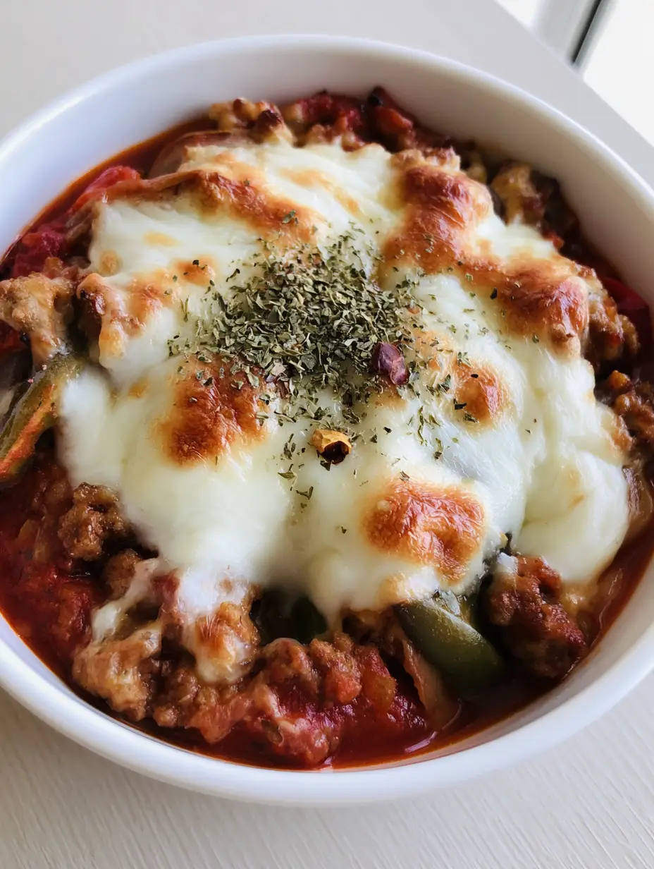 Top-down view of a Keto Pizza Bowl showing the vibrant red marinara sauce and green peppers under melted cheese. (Keto Pizza Bowl)
