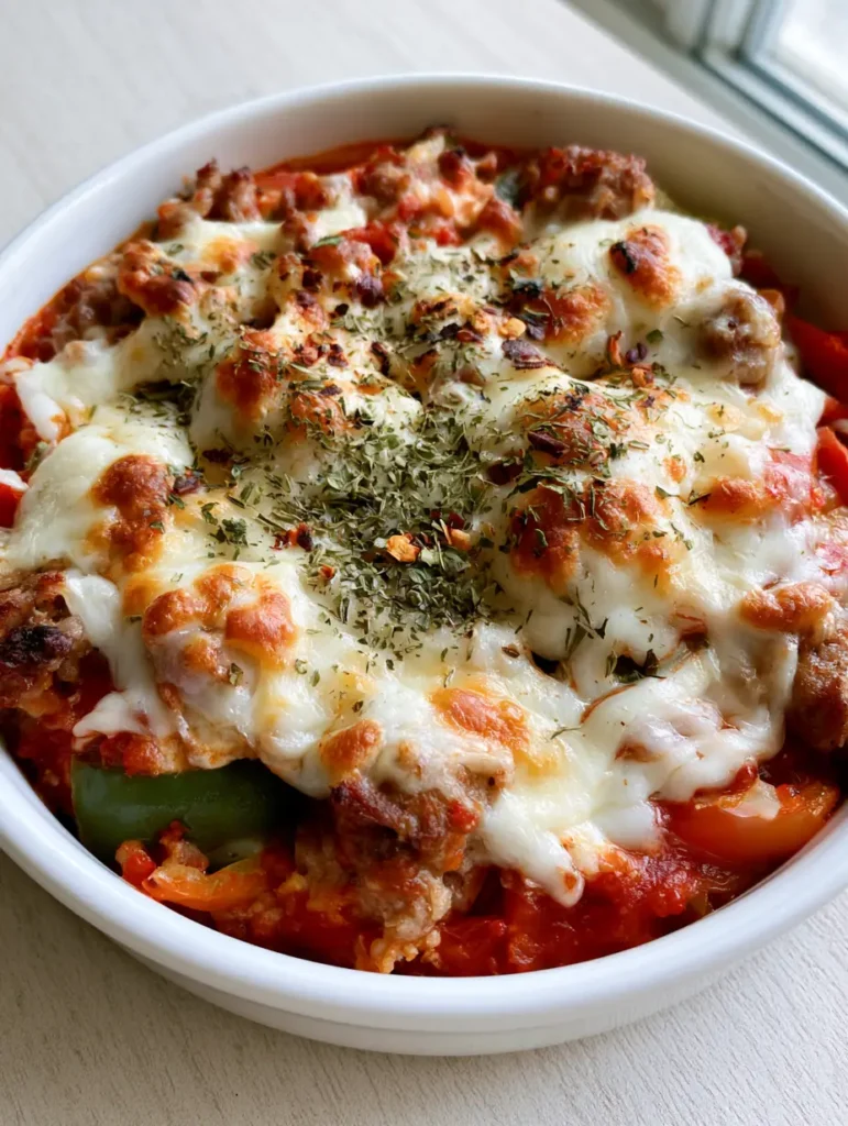 Close-up of the toasted mozzarella spots and oregano garnish on a Keto Pizza Bowl.