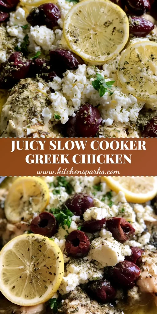 Slow Cooker Greek Chicken: Tender Mediterranean Chicken with Feta and Olives 4 Juicy slow cooker Greek chicken topped with feta, kalamata olives, and lemon wheels in a dark crockpot. (Slow Cooker Greek Chicken)