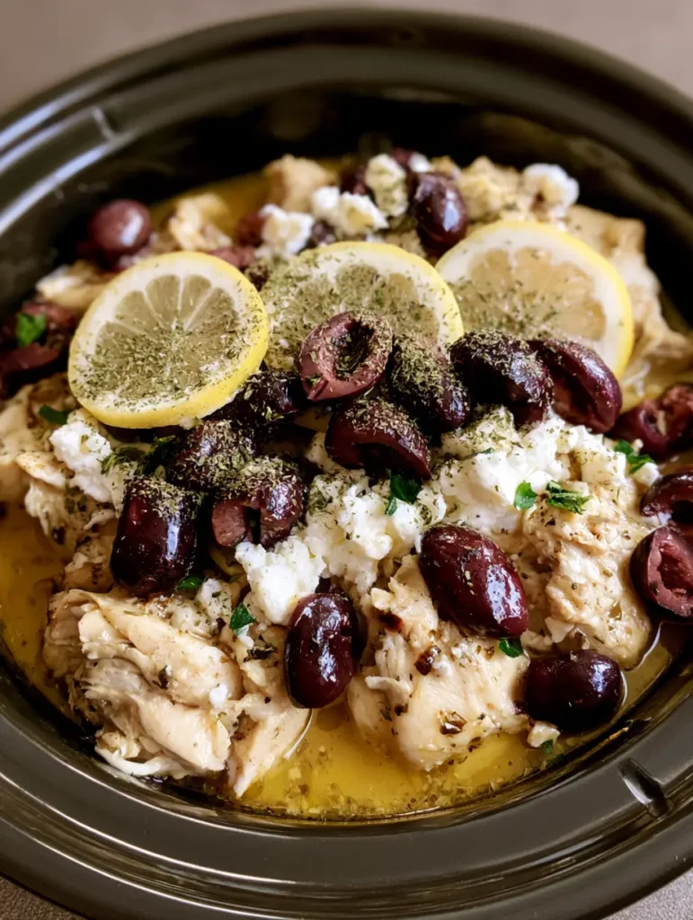A close-up of tender chicken breast pieces in a golden herb sauce with olives and feta. (Slow Cooker Greek Chicken)