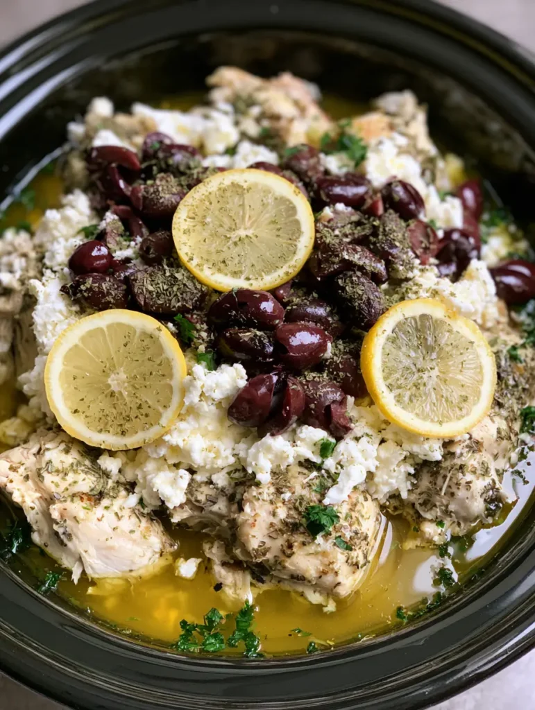 Slow Cooker Greek Chicken: Tender Mediterranean Chicken with Feta and Olives 1 Slow cooker greek chicken with lemon wheels and fresh parsley garnish in a dark ceramic pot. (Slow Cooker Greek Chicken)