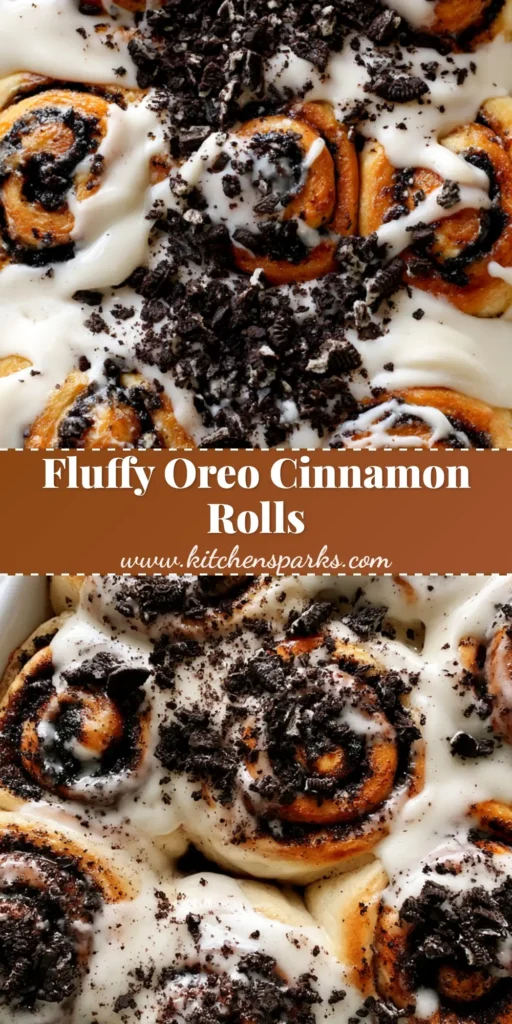 Cookies and Cream Cinnamon Rolls with Thick Cream Cheese Glaze 4 A top-down shot of Cookies and Cream Cinnamon Rolls in a white ceramic dish, drizzled with thick white glaze and topped with black cookie crumbs.