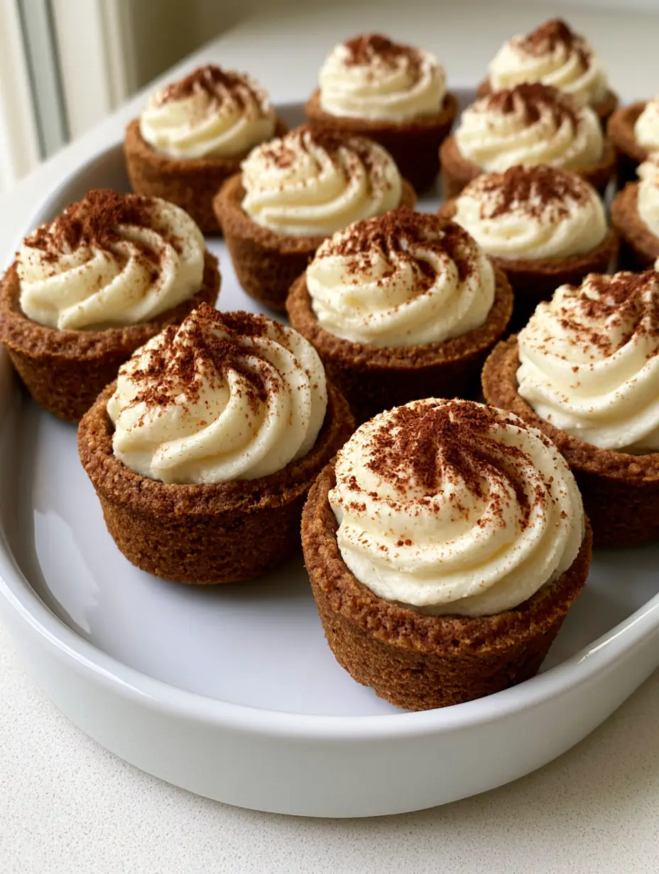 Mini tiramisu cookie cups on a white ceramic tray, featuring golden-brown chocolate crusts and whipped ivory cream. (Tiramisu Cookie Cups)