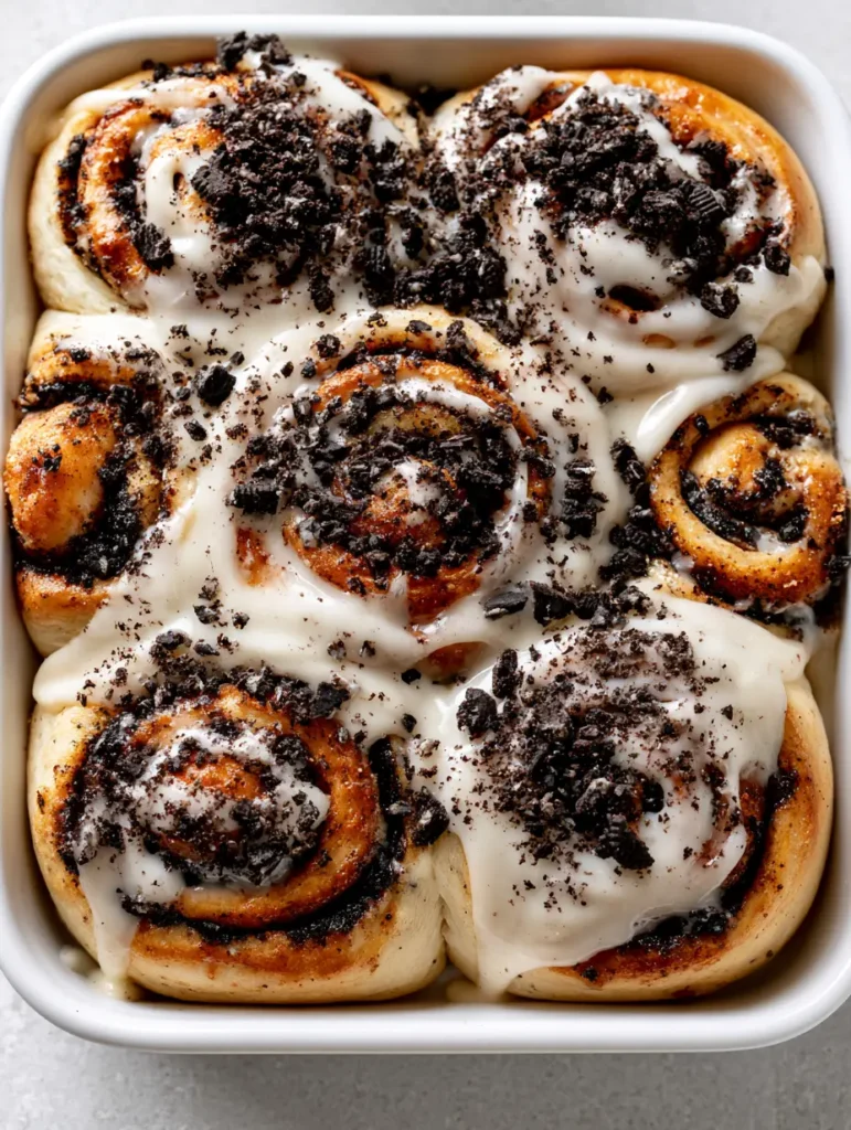 Close-up of golden-brown yeast dough rolls with dark chocolate cookie filling and glossy white cream cheese glaze. (Cookies and Cream Cinnamon Rolls)