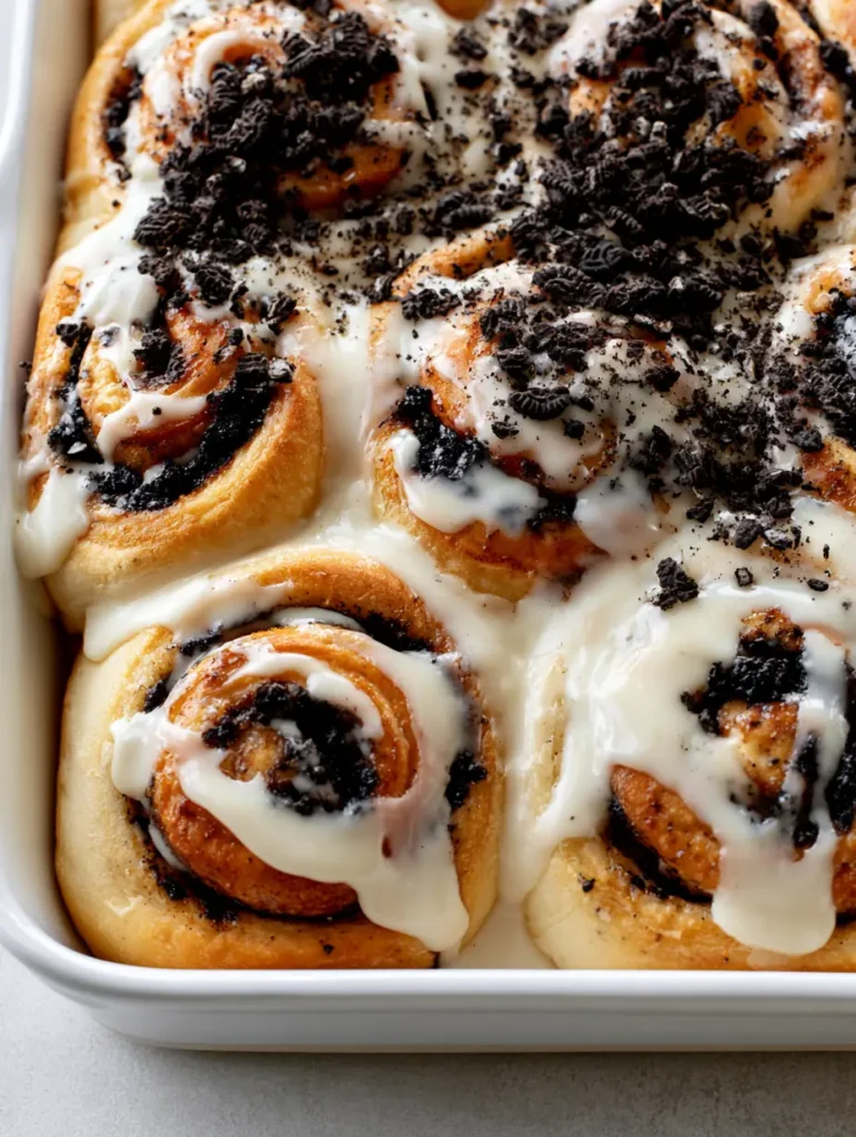 Cookies and Cream Cinnamon Rolls with Thick Cream Cheese Glaze 1 A macro shot showing the texture of chunky crushed black sandwich cookies on top of opaque white glaze. (Cookies and Cream Cinnamon Rolls)