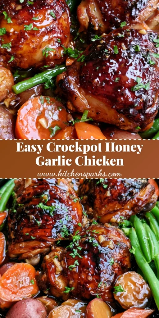 Slow Cooker Honey Garlic Chicken with Glazed Root Vegetables and Crisp Green Beans 4 A vertical photo of Slow Cooker Honey Garlic Chicken showing caramelized chicken thighs and glazed vegetables with a Pinterest overlay. (Slow Cooker Honey Garlic Chicken)