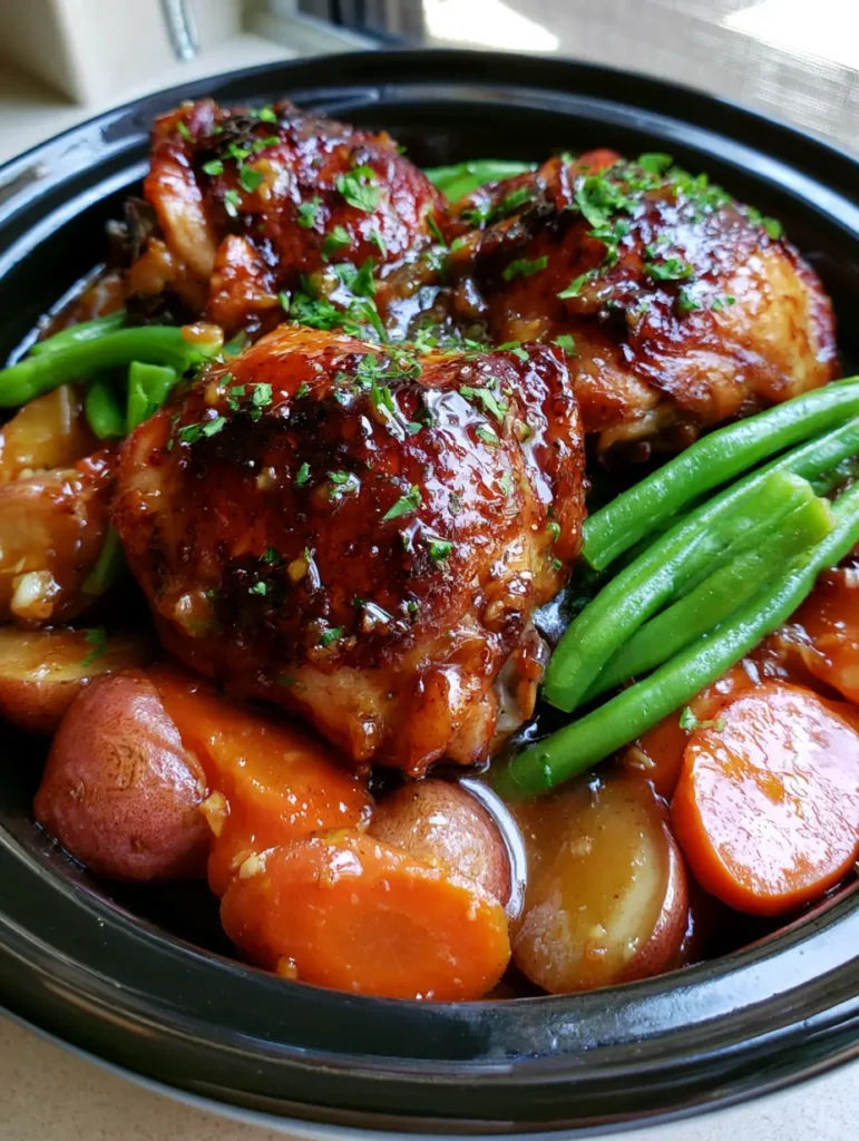 Slow Cooker Honey Garlic Chicken with Glazed Root Vegetables and Crisp Green Beans 2 A handheld smartphone photo of Slow Cooker Honey Garlic Chicken in a black ceramic insert with glossy sauce and fresh parsley. (Slow Cooker Honey Garlic Chicken)