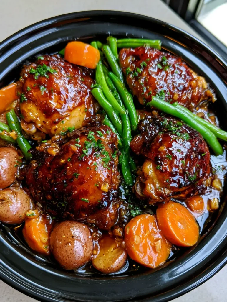 Slow Cooker Honey Garlic Chicken with Glazed Root Vegetables and Crisp Green Beans 1 Close up of fork-soft baby red potatoes and carrots coated in a thick, translucent honey garlic sauce. (Slow Cooker Honey Garlic Chicken)