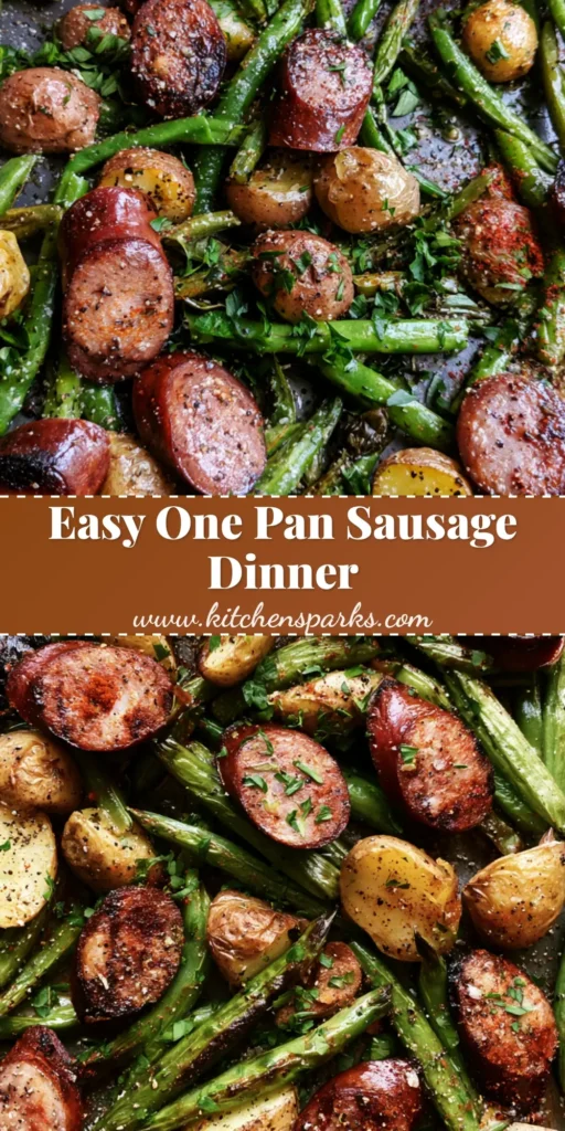 A top-down shot of a weathered baking sheet filled with One Pan Sausage and Potatoes, featuring charred sausage rounds and blistered green beans.