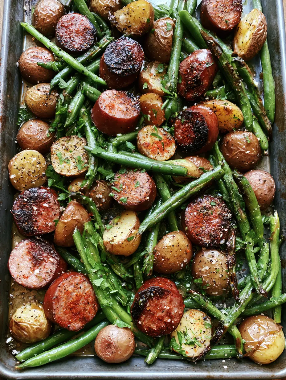 Close-up of One Pan Sausage and Potatoes showing crispy caramelized sausage edges and roasted golden baby potatoes.