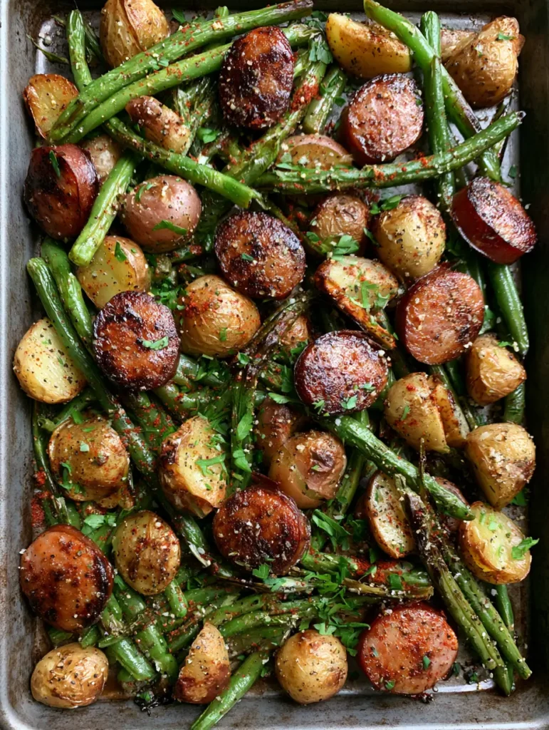 A smartphone photo of the completed One Pan Sausage and Potatoes meal with fresh parsley garnish on a dark metal sheet.