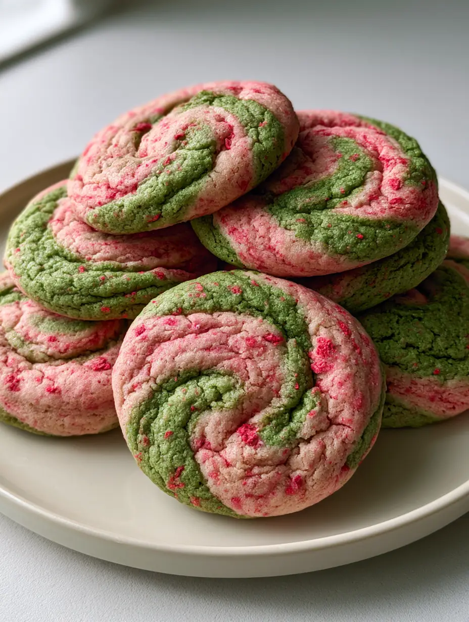Close up photo of Strawberry Matcha Cookies showing surface cracks and red strawberry specks.