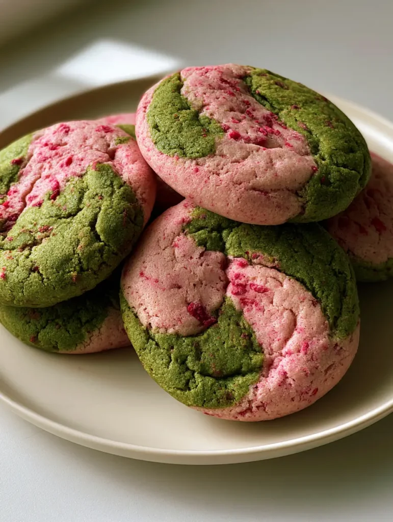 Handheld photo of a thick Strawberry Matcha Cookie with a distinct green and pink marble swirl.