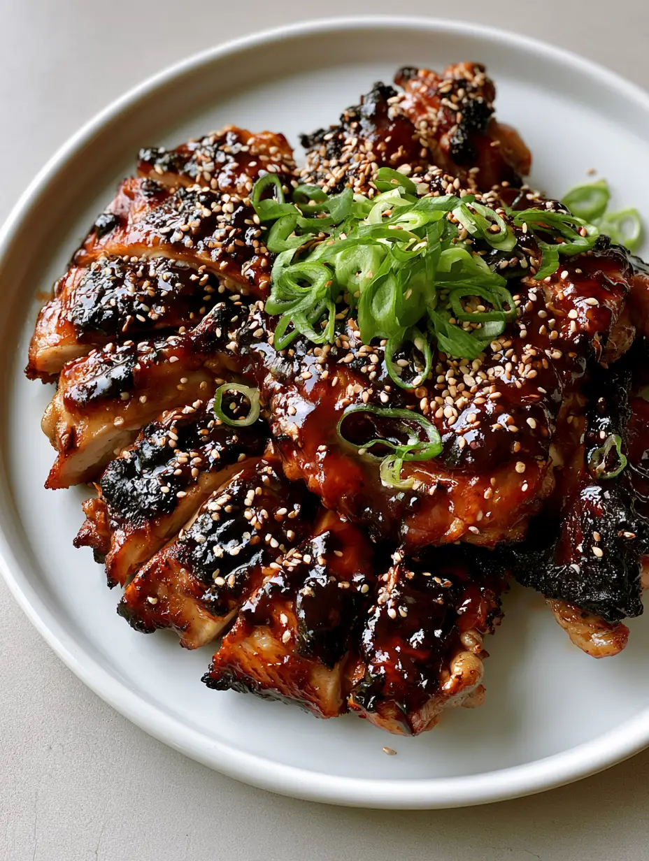 Close up handheld photo of sliced grilled chicken thighs coated in a thick, viscous, glossy dark brown teriyaki glaze and green onions. (Hawaiian Teriyaki Chicken)