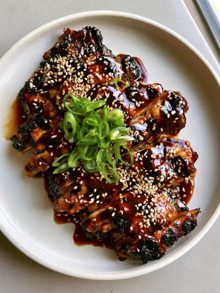 Slices of grilled chicken with deep char marks and a dusting of white sesame seeds on a white plate. (Hawaiian Teriyaki Chicken)