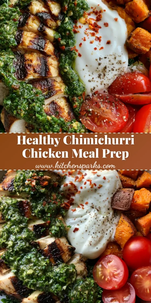 A top-down handheld smartphone photo of a Chimichurri Grilled Chicken Bowl featuring charred chicken and roasted sweet potatoes in a white ceramic bowl.