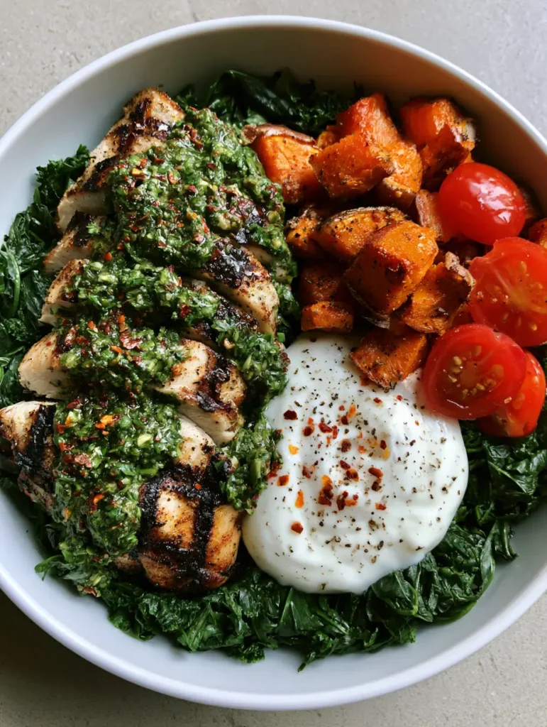 Close up of a Chimichurri Grilled Chicken Bowl showing coarse green sauce and charred chicken with sweet potato cubes.