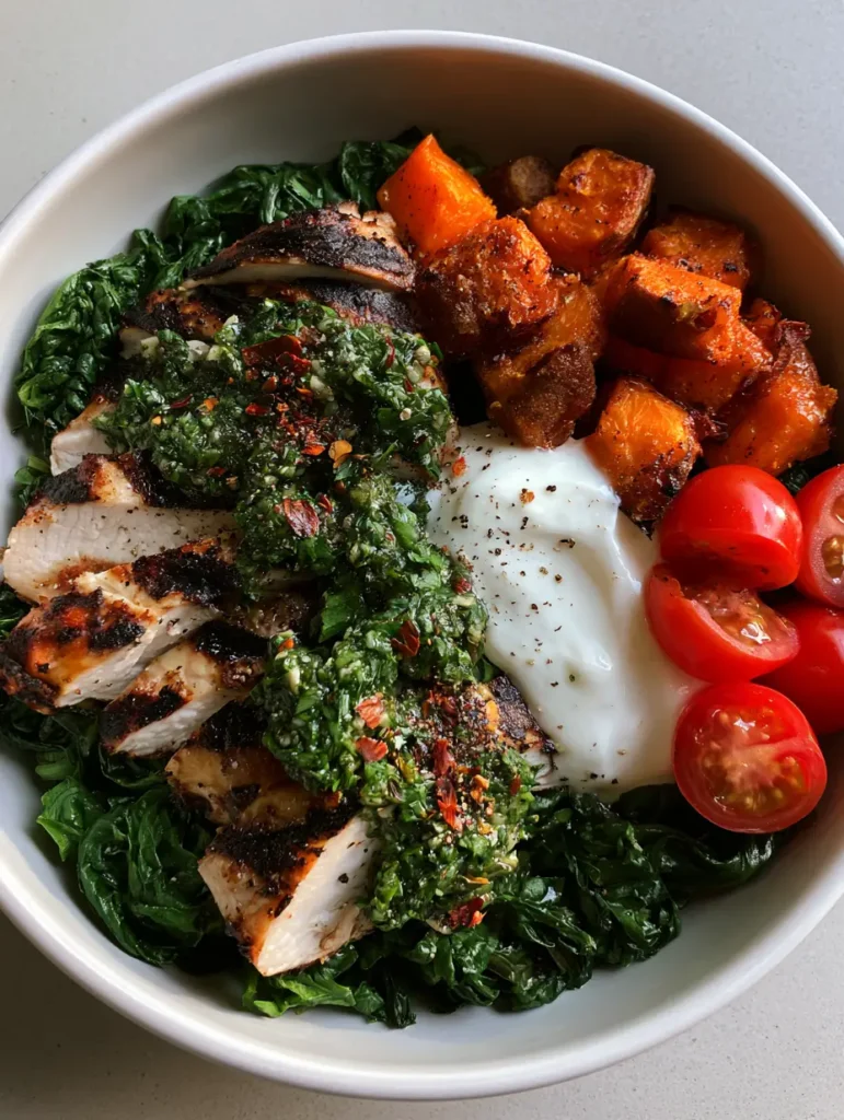 Wide shot of a healthy Chimichurri Grilled Chicken Bowl on a neutral grey background.