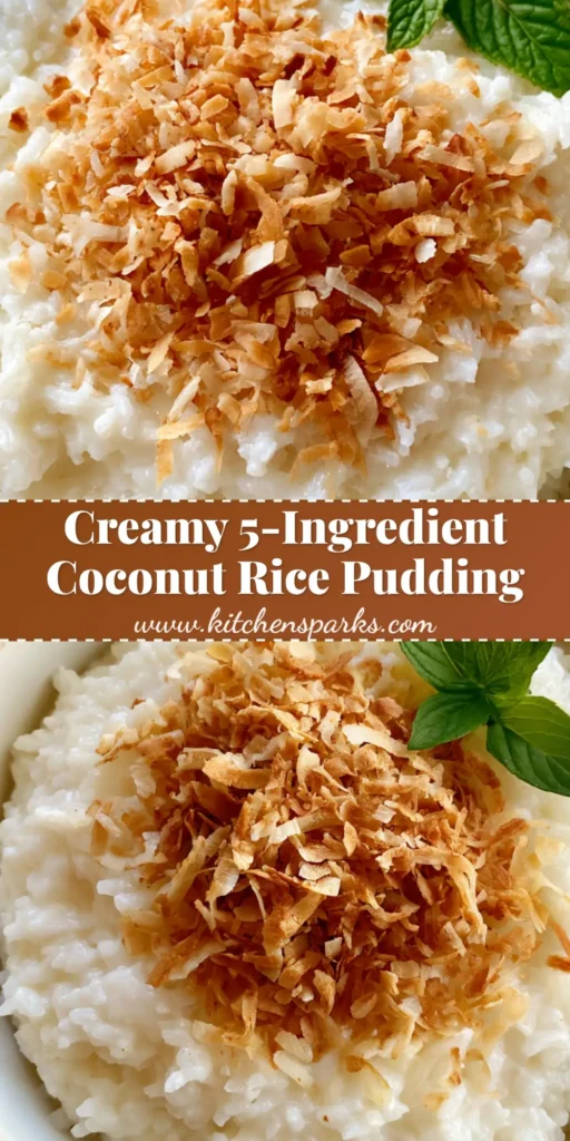 A top-down shot of a rustic white ceramic bowl filled with creamy Coconut Rice Pudding Recipe topped with golden coconut and mint.