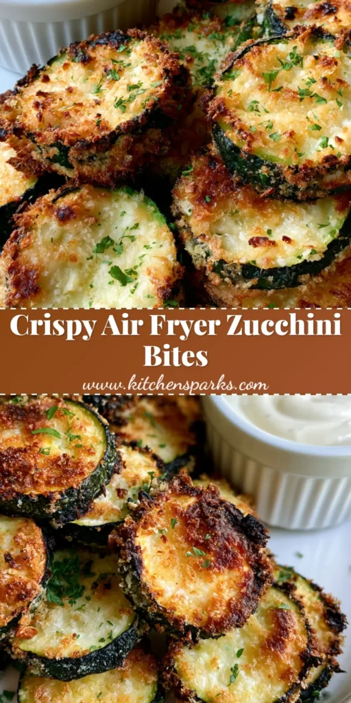 A tall Pinterest pin image showing a stack of golden brown Air Fryer Zucchini Bites with a side of garlic aioli and fresh parsley garnish.