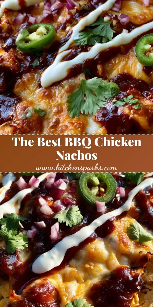 A towering heap of BBQ Chicken Nachos on a dark tray featuring melted bubbly colby jack cheese, glossy BBQ sauce, and fresh jalapeños.