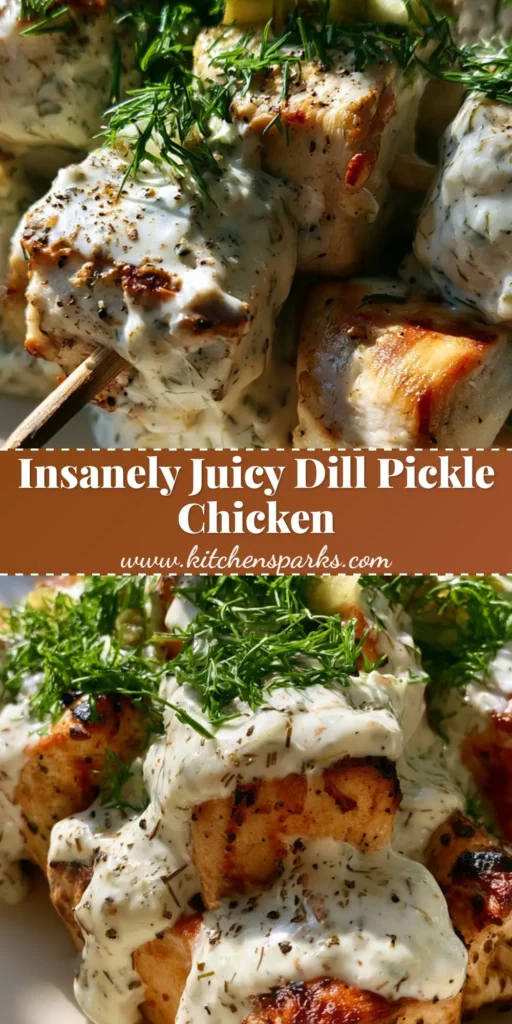A stack of Dill Pickle Chicken Skewers on a white plate, coated in creamy ranch and topped with fresh green dill and diced pickles.
