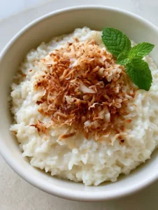 Close-up of a rustic bowl containing a dense Coconut Rice Pudding Recipe with visible rice grains and golden coconut flakes.