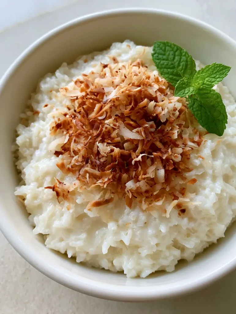 Close-up of a rustic bowl containing a dense Coconut Rice Pudding Recipe with visible rice grains and golden coconut flakes.