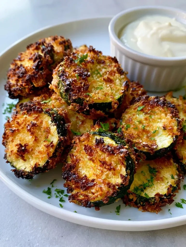 A handheld smartphone photo of golden brown Air Fryer Zucchini Bites on a white plate with a small ramekin of creamy garlic aioli.