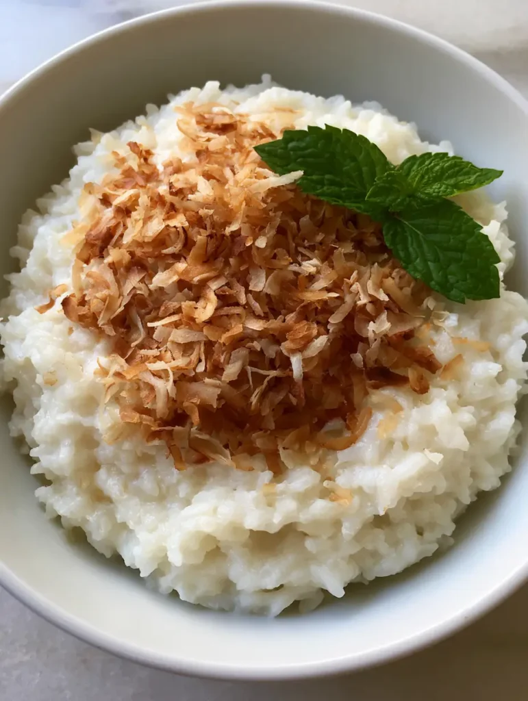 A rustic ceramic bowl of Coconut Rice Pudding Recipe featuring three fresh mint leaves on the side of a golden coconut topping.
