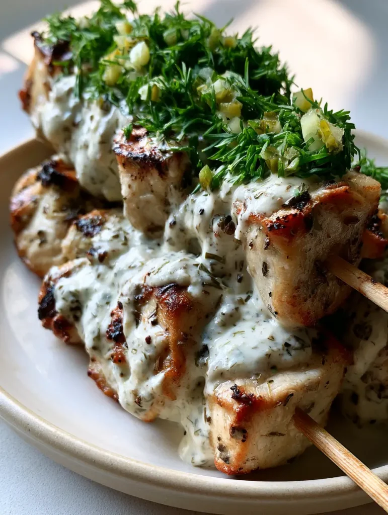 Close up of air-fried chicken breast pieces on wooden skewers showing golden-brown charred edges. (Dill Pickle Chicken Skewers)