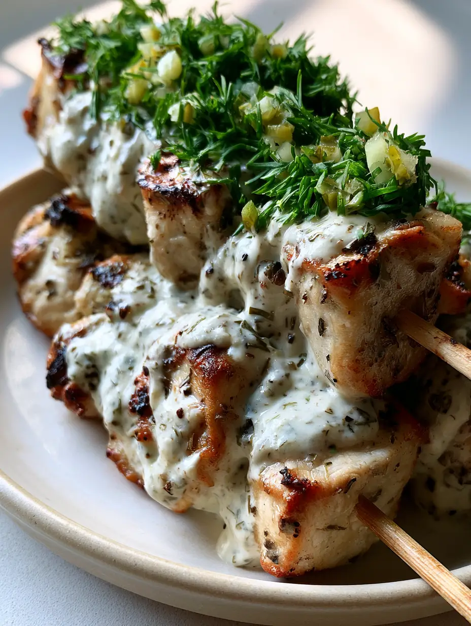 Close up of air-fried chicken breast pieces on wooden skewers showing golden-brown charred edges. (Dill Pickle Chicken Skewers)
